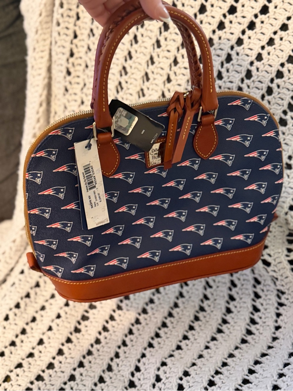 BRAND NEW Dooney & Bourke Navy and Brown New England Patriots Satchel - Picture 4 of 10